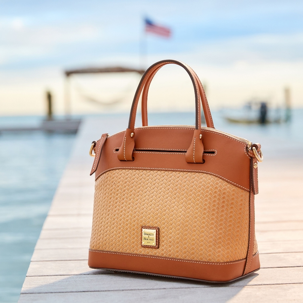 NWT Dooney and Bourke Beacon Woven Domed Satchel Embossed Leather Natural Brown